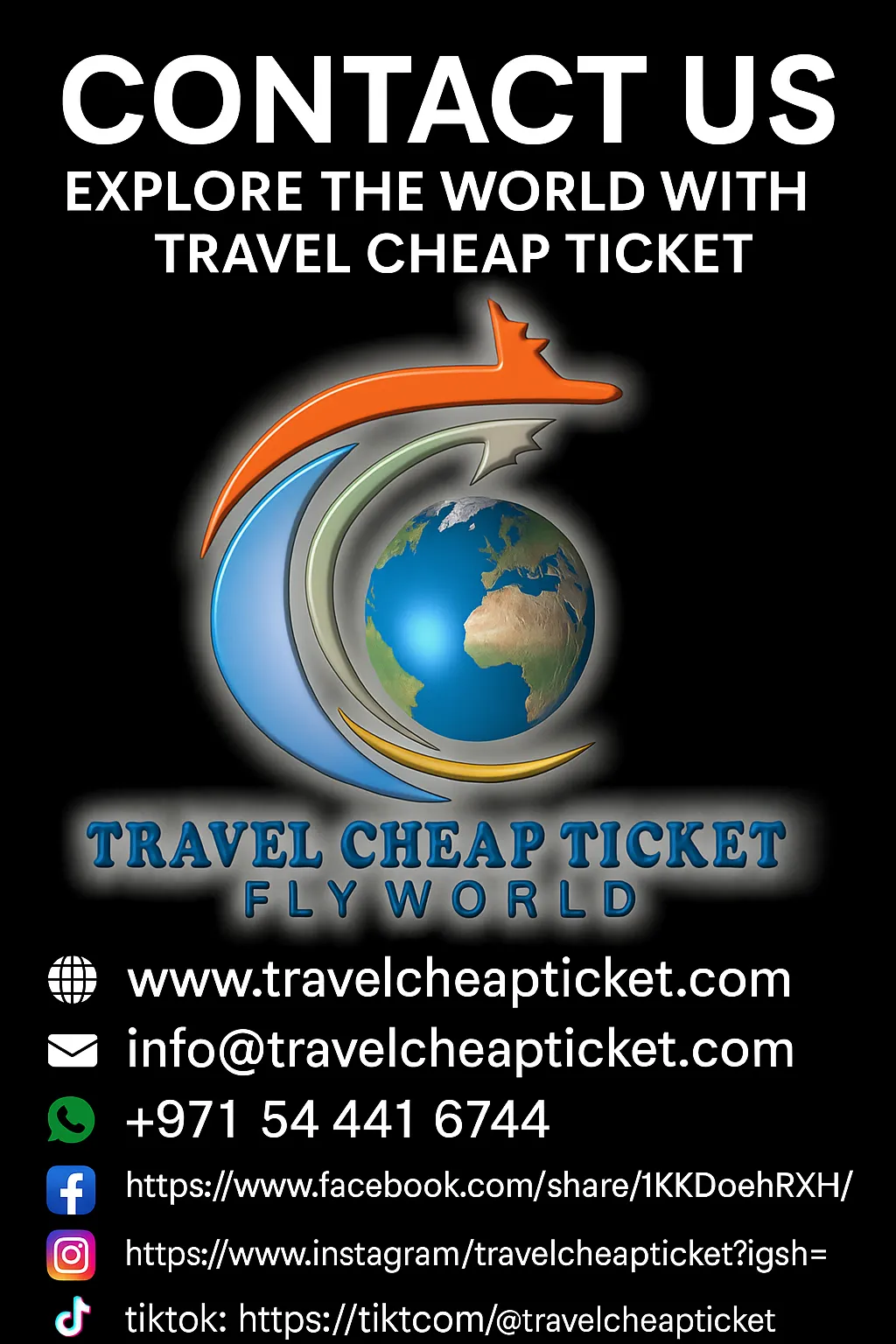 Explore the world with Travel Cheap Ticket - contact us by WhatsApp, email or social media.