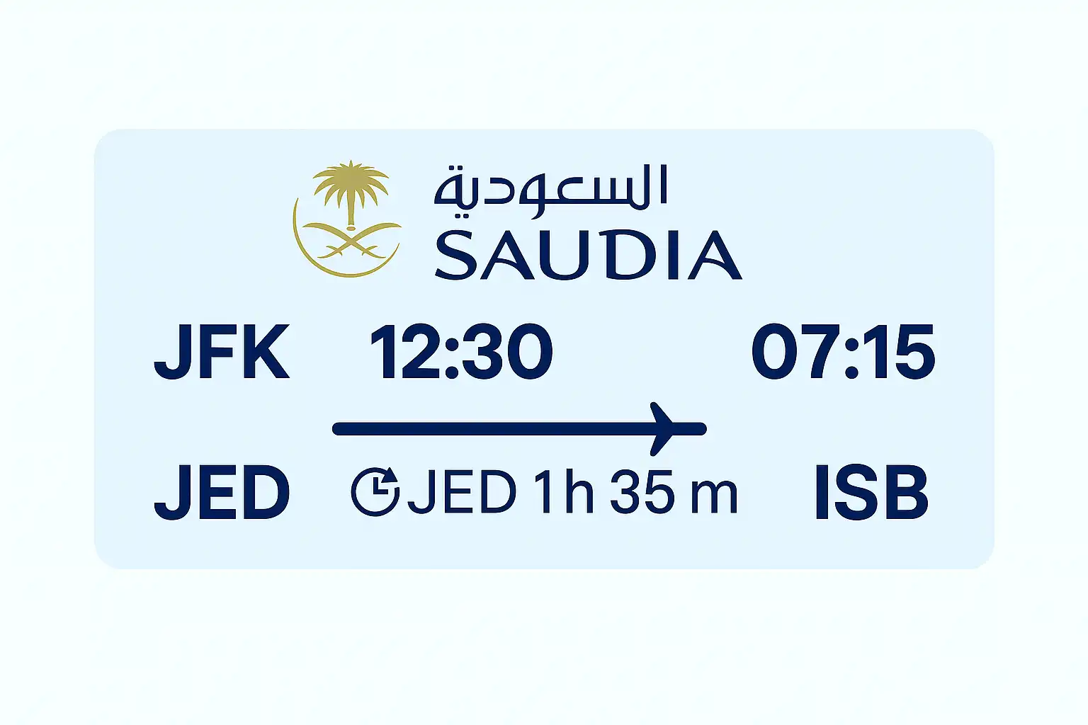 JFK → JED → ISB → JFK multi-city Umrah flight timings